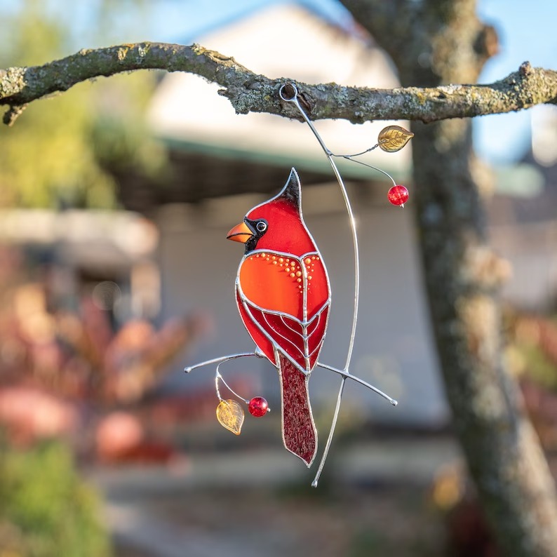 Cardinal stained glass bird suncatcher