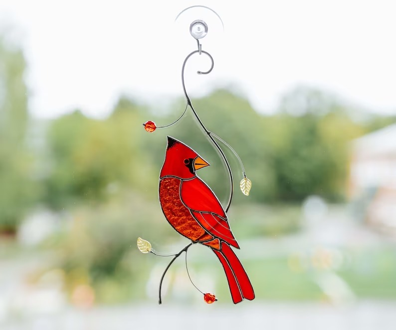 Cardinal stained glass bird suncatcher