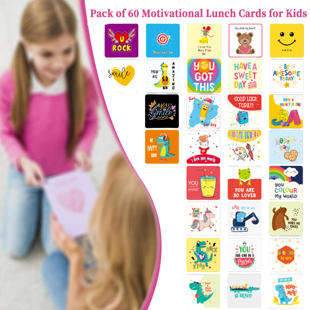 🔥NEW ARRIVAL🌈Pack of 60 Motivational Lunch Cards for Kids🎁