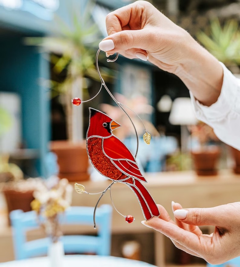 Cardinal stained glass bird suncatcher