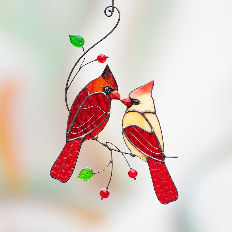 Cardinal stained glass bird suncatcher
