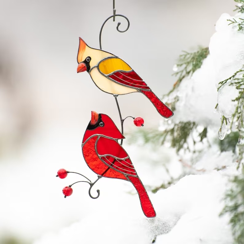Cardinal stained glass bird suncatcher