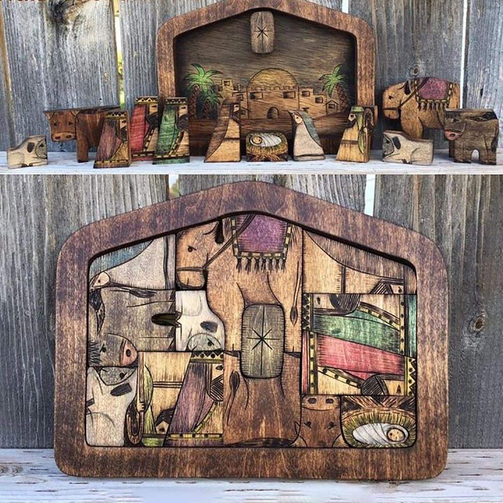 Nativity Puzzle With Wood Burned Design Wooden Jesus Puzzles Set Jigsa
