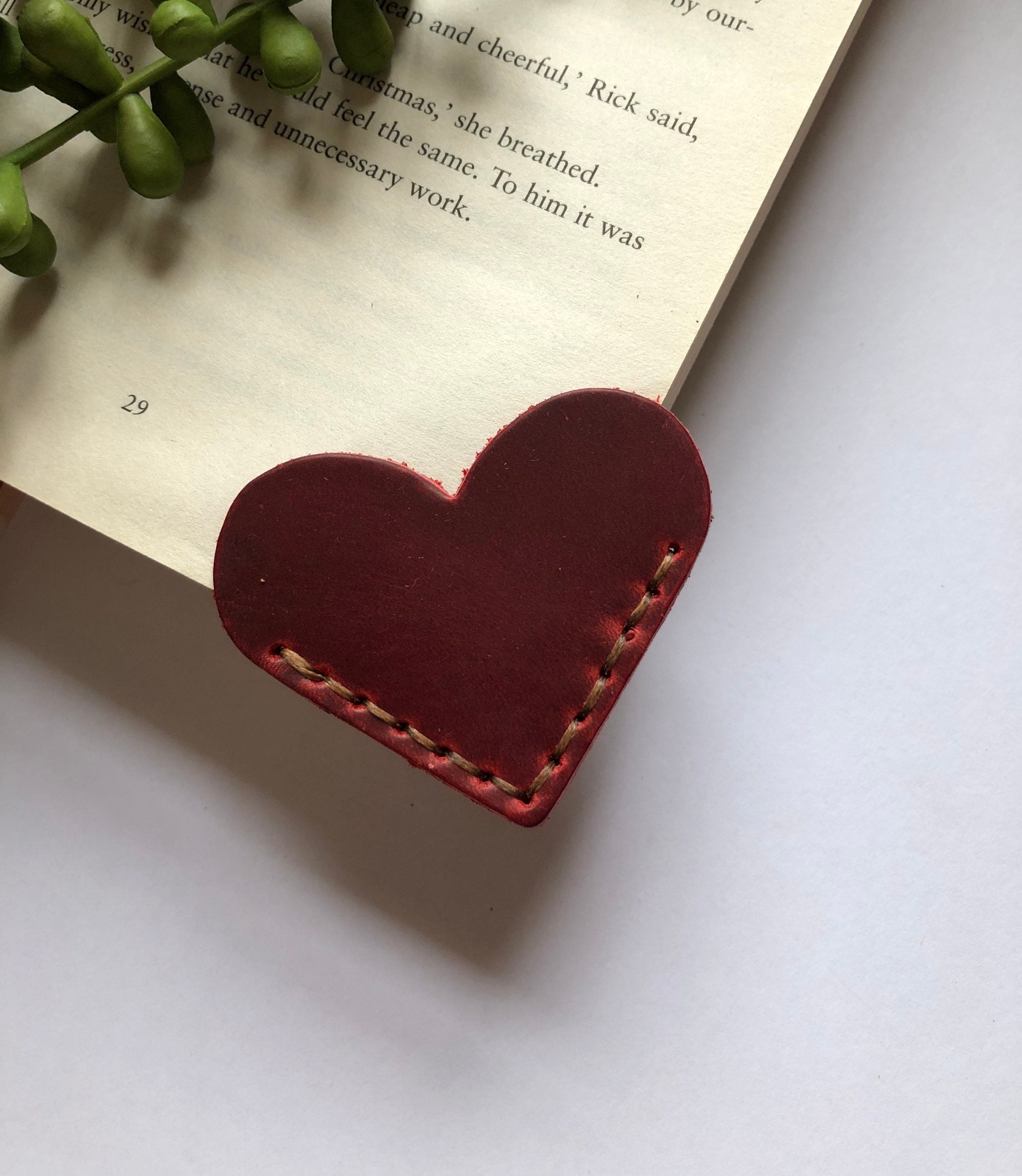 Heart Shape Stitched Leather Corner Bookmark