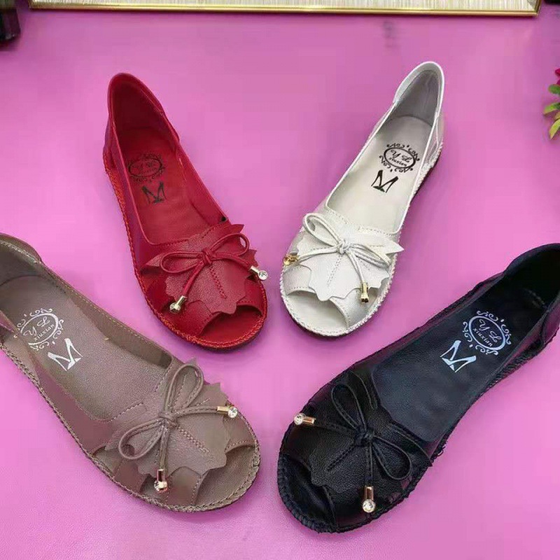 Women's Leather Shoes Low Top Peep-toe Walking Shoes for Middle Aged Summer