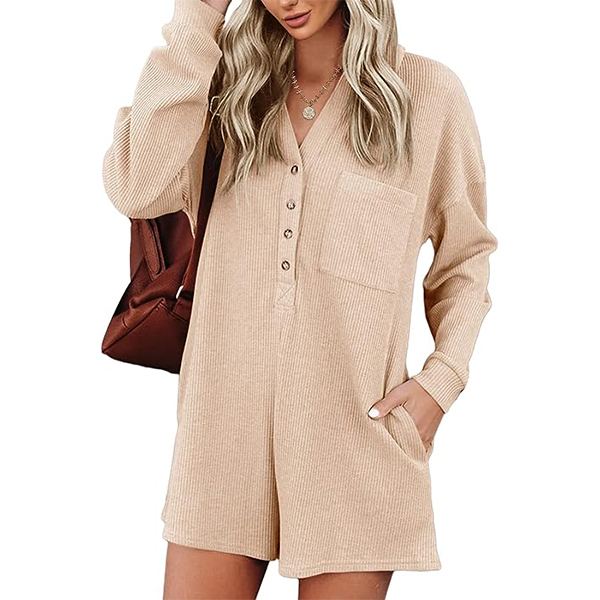 Womens V Neck Button Romper Casual Short One Piece Jumpsuit(BUY 2 FREE SHIPPING)