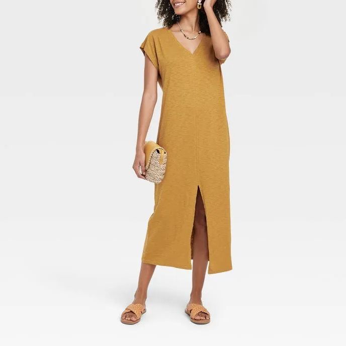 Ladies Short Sleeve V Neck Solid Color Slit Dress