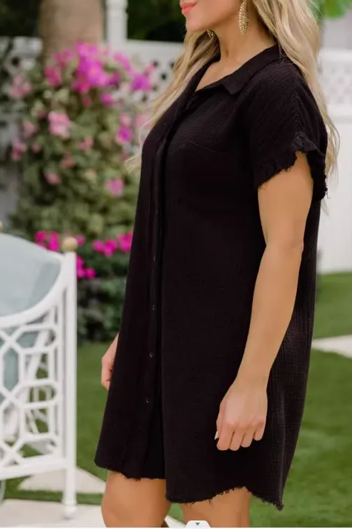 Lapel Collar Solid Color Washed Cotton Shirt Dress