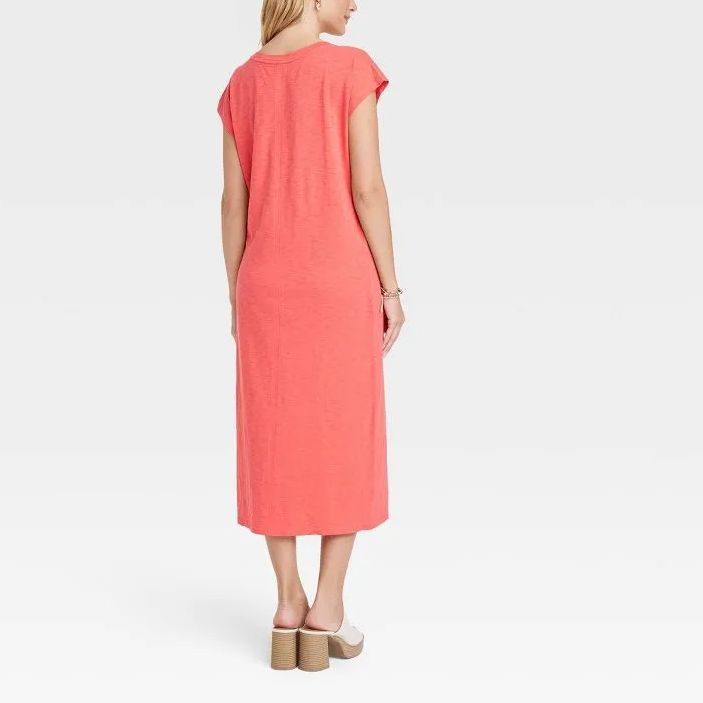 Ladies Short Sleeve V Neck Solid Color Slit Dress