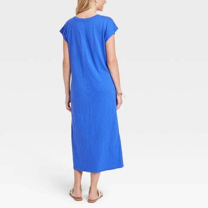 Ladies Short Sleeve V Neck Solid Color Slit Dress