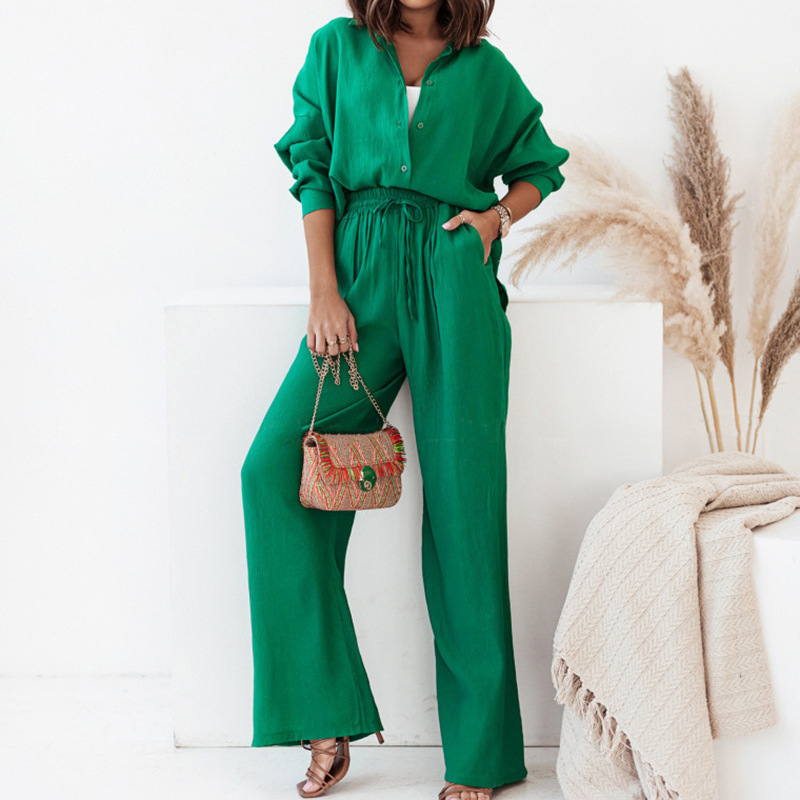 New Style Pleated Solid Color Shirt Wide Leg Trousers Casual Suit