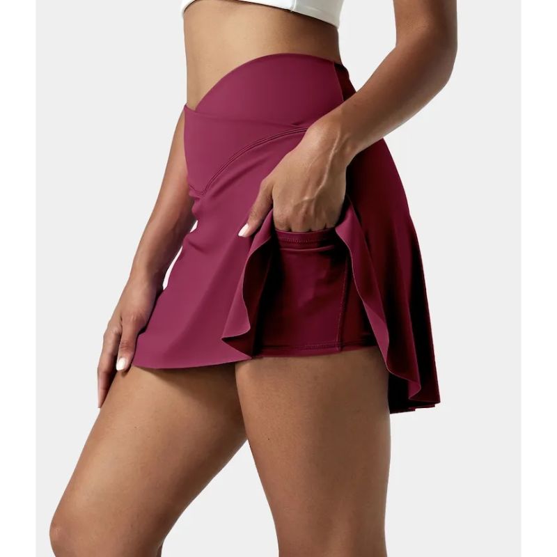Breathable Comfortable High Waist Crossover 2 in 1 Side Pocket Tennis Skirt