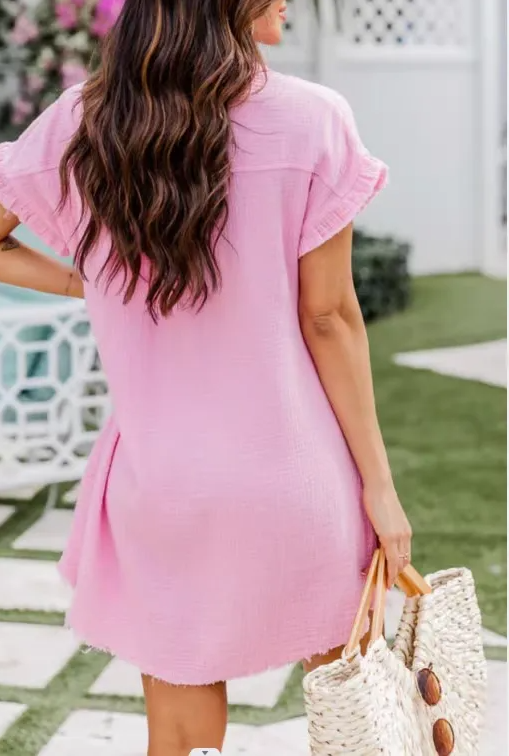 Lapel Collar Solid Color Washed Cotton Shirt Dress