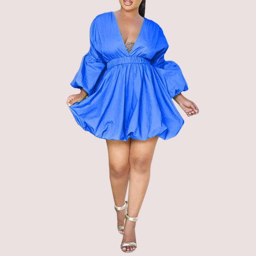 Deep V Fashion Long Sleeve Lantern Dress