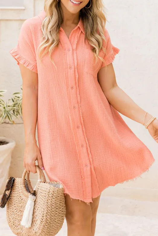 Lapel Collar Solid Color Washed Cotton Shirt Dress