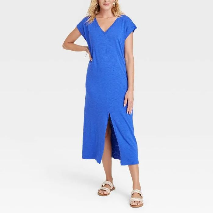 Ladies Short Sleeve V Neck Solid Color Slit Dress