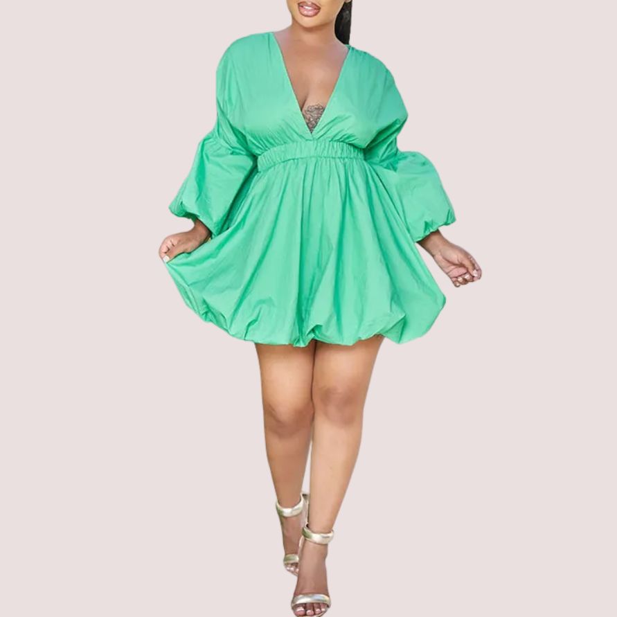 Deep V Fashion Long Sleeve Lantern Dress