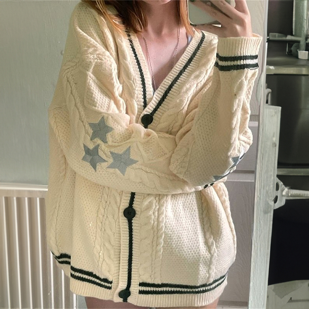 Oversized Star Embroidered Cable Knit Cardigan(Buy 2 Free Shipping)