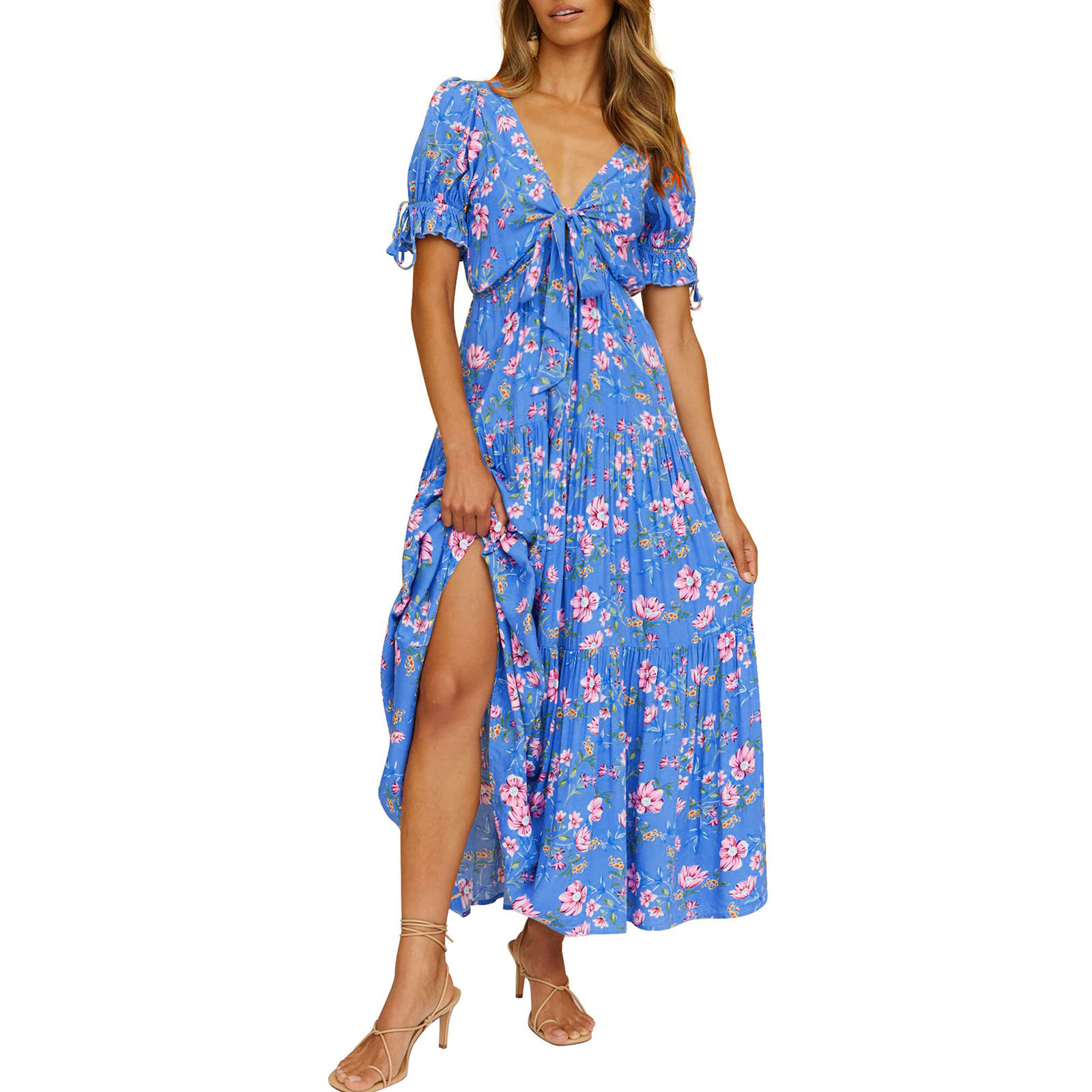 V-Neck Tie Cozy Floral Long Dress