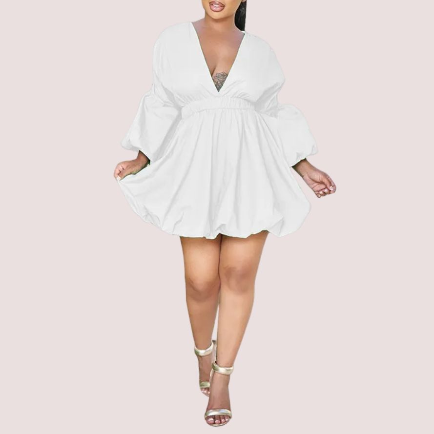 Deep V Fashion Long Sleeve Lantern Dress