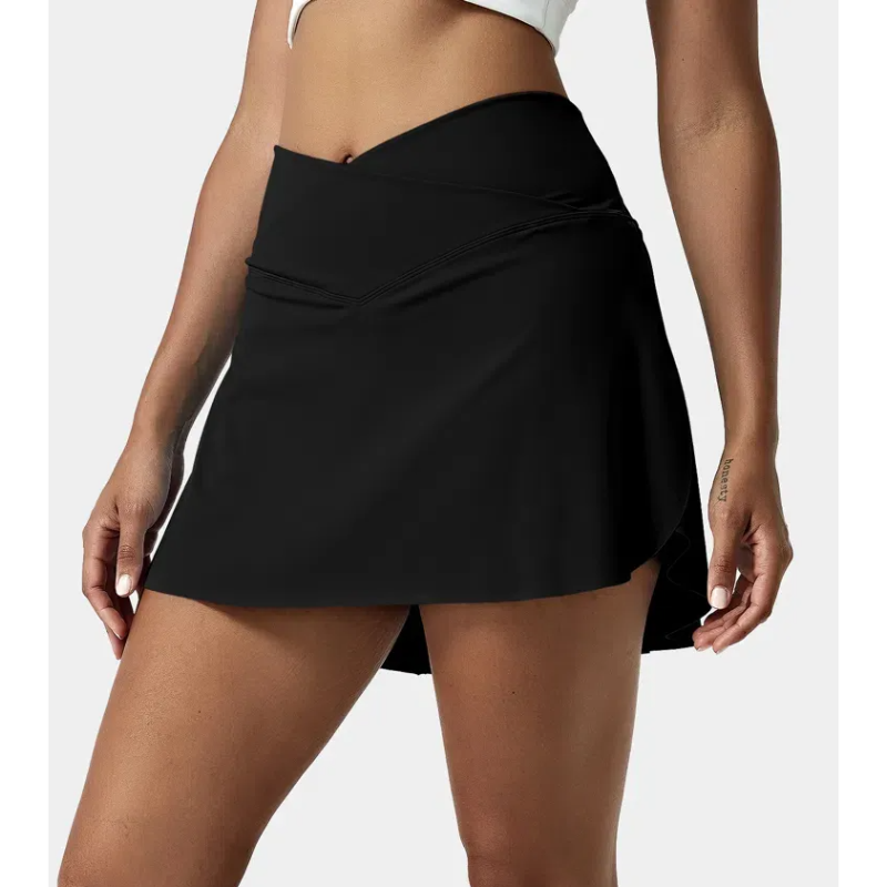 Breathable Comfortable High Waist Crossover 2 in 1 Side Pocket Tennis Skirt
