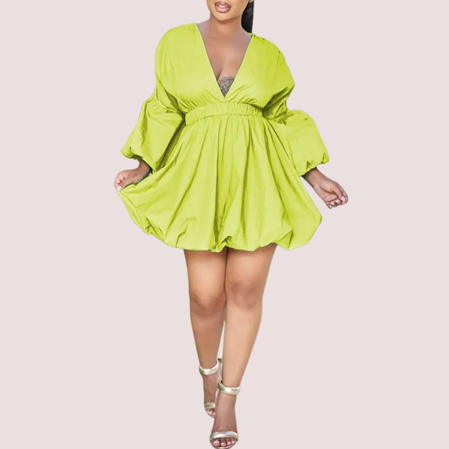 Deep V Fashion Long Sleeve Lantern Dress