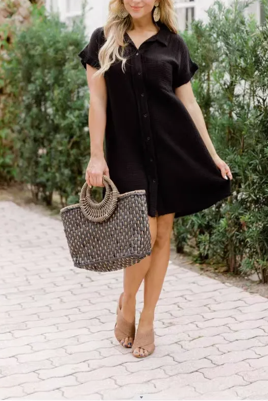 Lapel Collar Solid Color Washed Cotton Shirt Dress