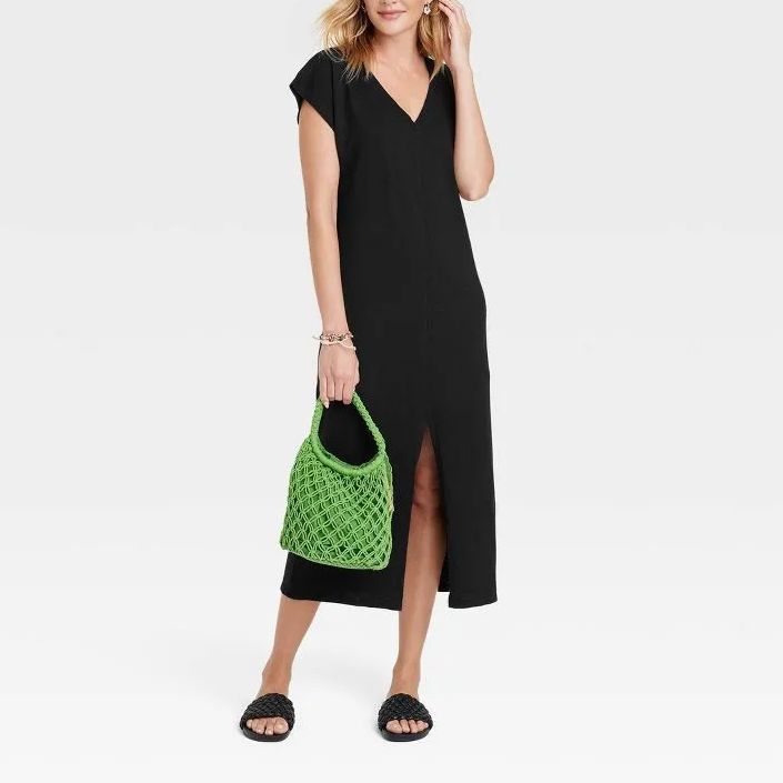 Ladies Short Sleeve V Neck Solid Color Slit Dress