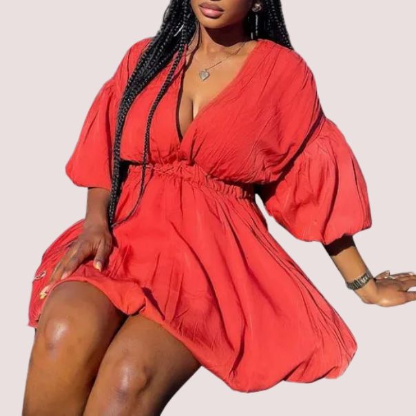 Deep V Fashion Long Sleeve Lantern Dress