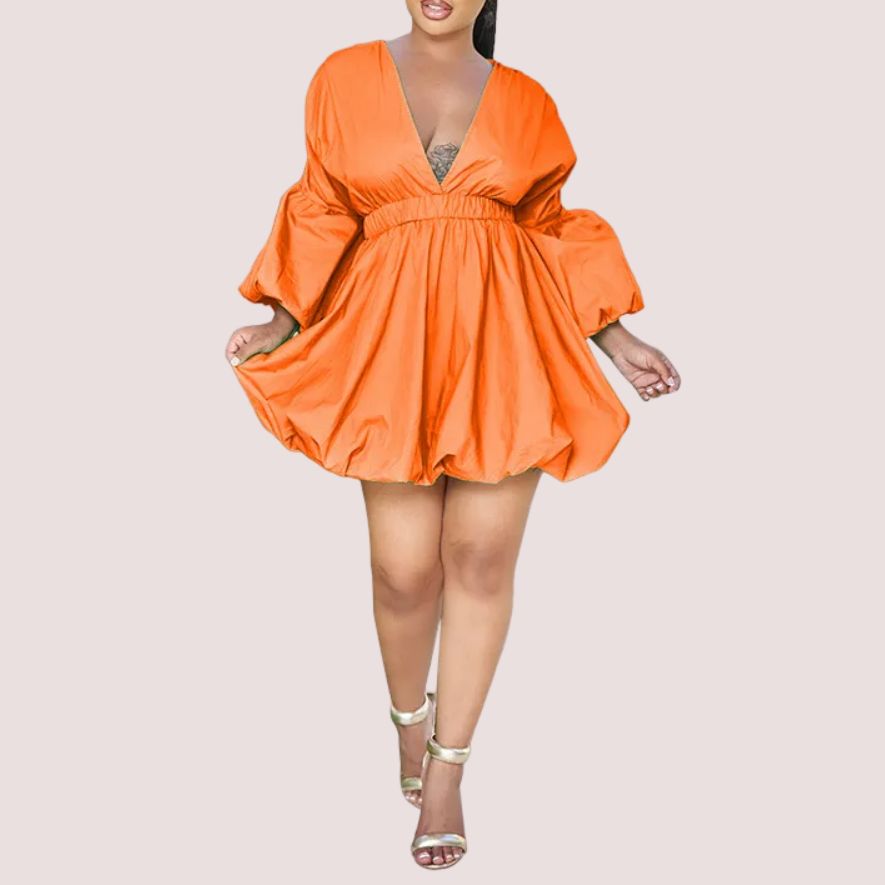 Deep V Fashion Long Sleeve Lantern Dress