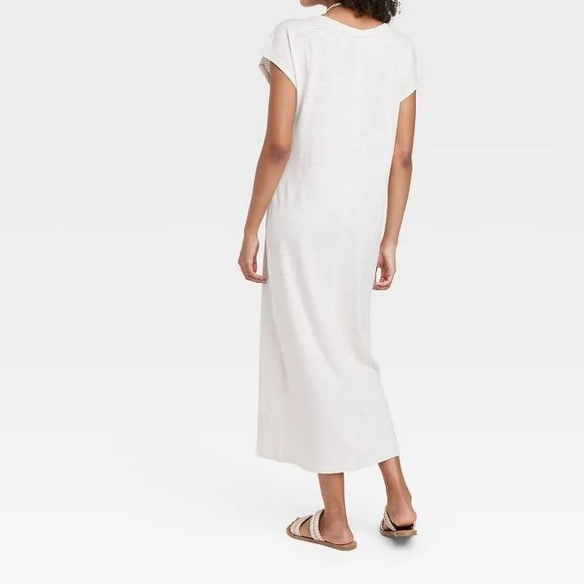 Ladies Short Sleeve V Neck Solid Color Slit Dress