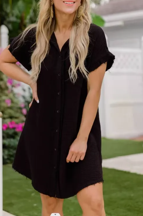 Lapel Collar Solid Color Washed Cotton Shirt Dress