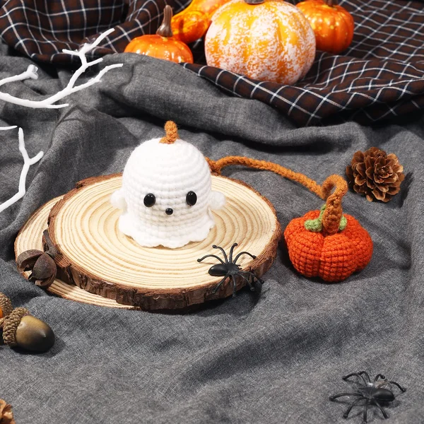 Handmade Halloween Hanging Ornament Crochet Pumpkin and Ghost