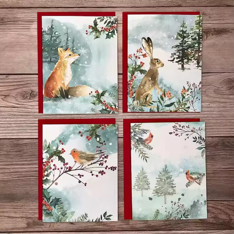 Winter Woodland Animals Christmas Cards (12 Pcs)