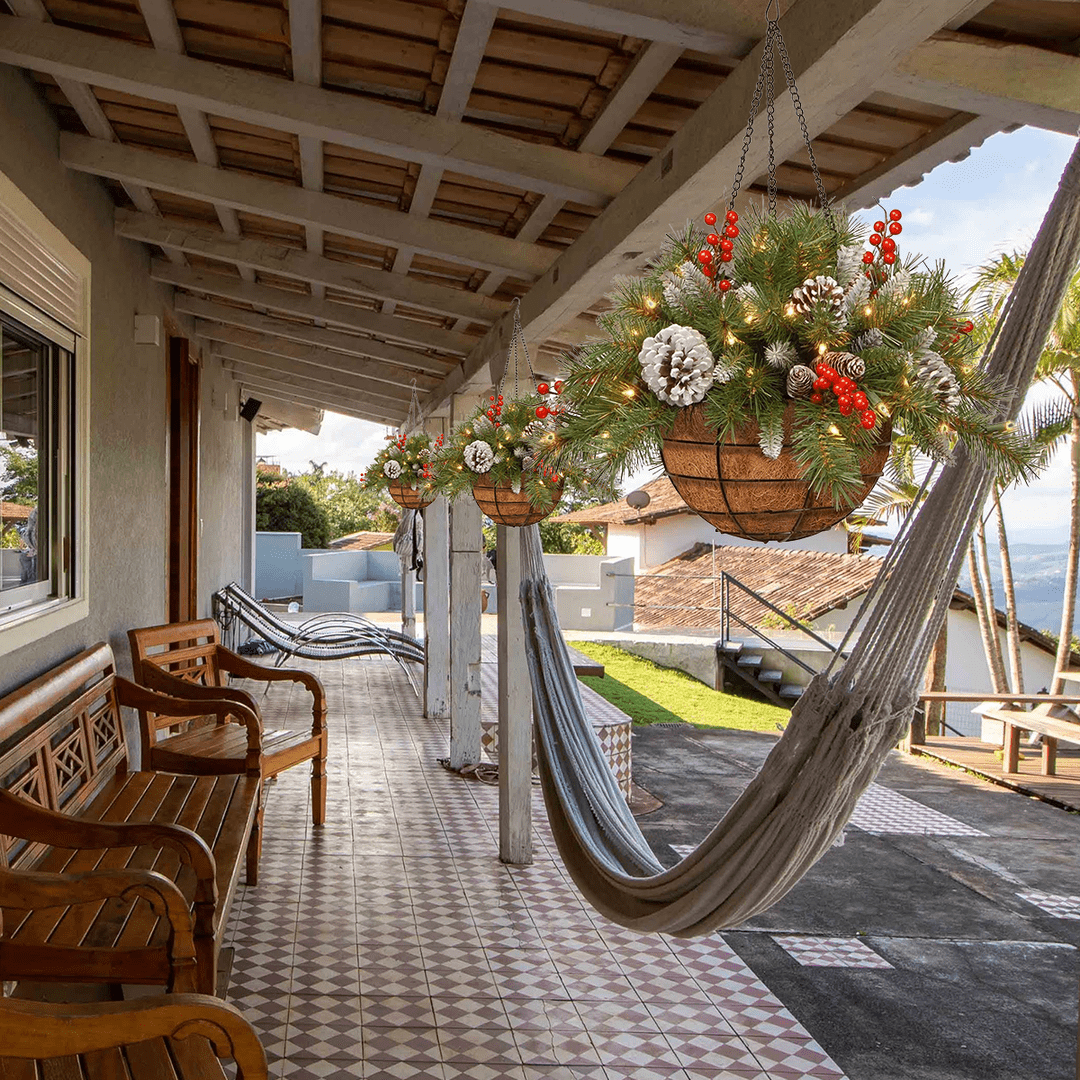 🎄Christmas Hanging Basket - Flocked with Mixed Decorations and White LED Lights - Frosted Berry