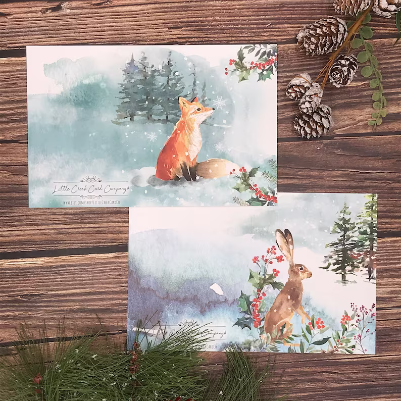 Winter Woodland Animals Christmas Cards (12 Pcs)
