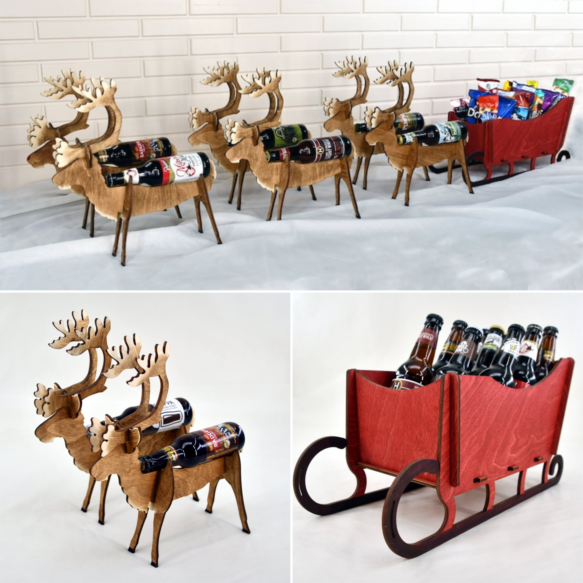 🦌🛷Deer And Sleigh - Wood Beer Bottle Display Home Decor