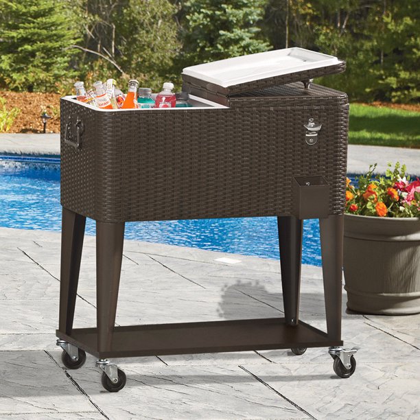 Clevr 80 Quart Qt Rolling Cooler Ice Chest Cart for Outdoor Patio Deck Party - Dark Brown