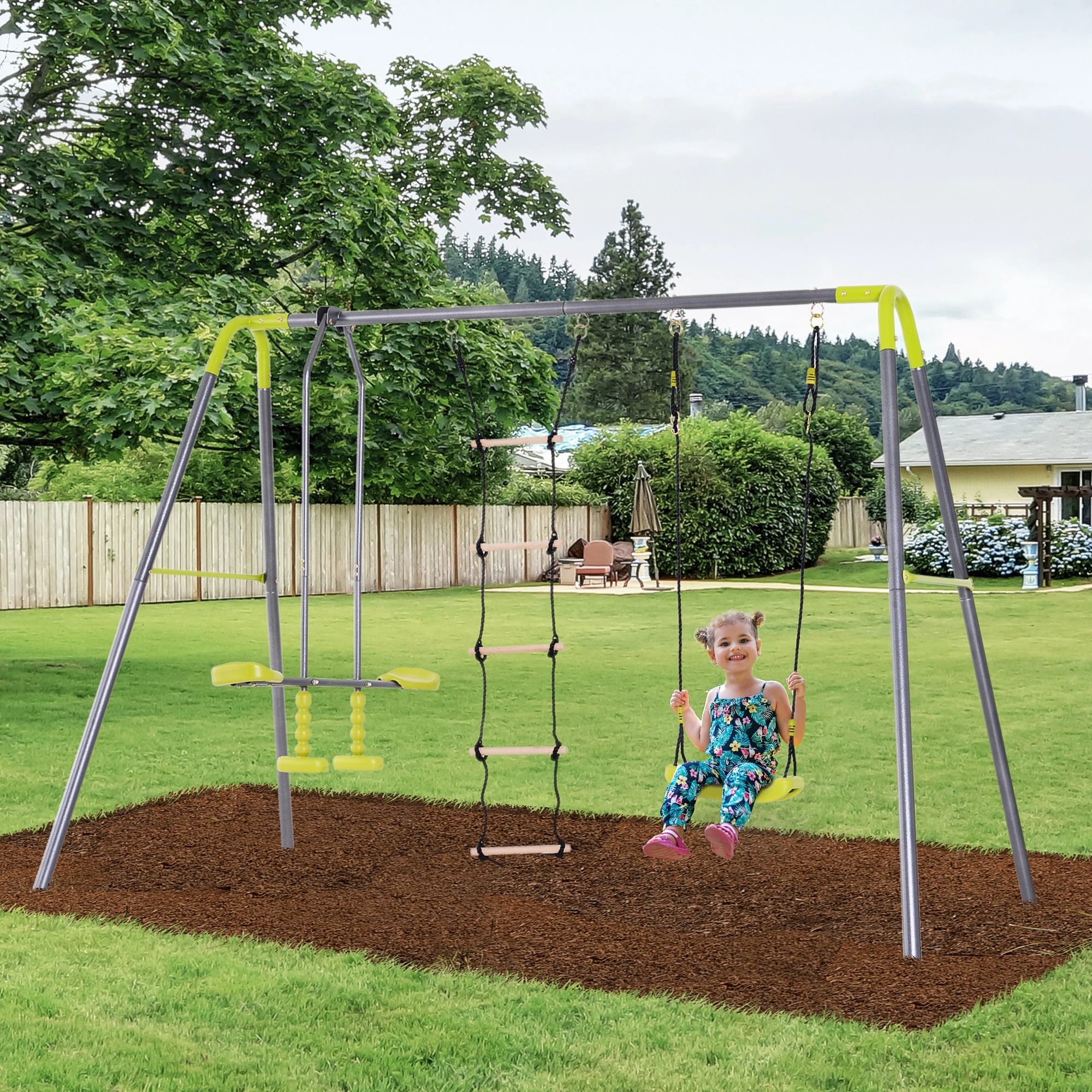 3 in 1 Kids Swing Set, Double Face to Face Swing Chair & Glider Set, Climbing Ladder A-Frame Outdoor Heavy Duty Metal Swing Set for Backyard Playground