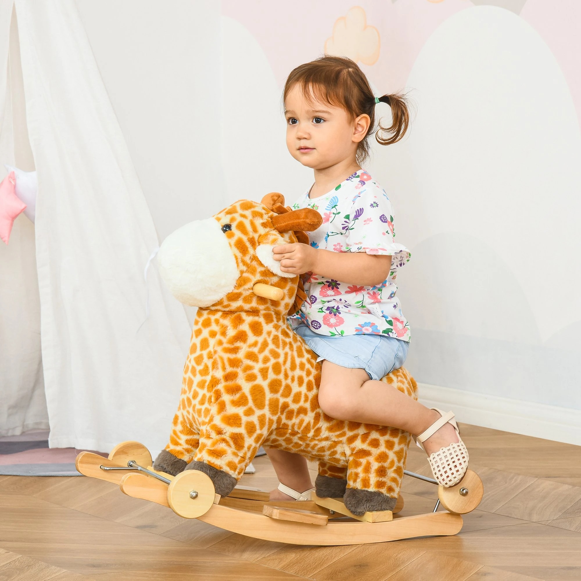 Qaba 2-IN-1 Kids Plush Ride-On Rocking Gliding Horse Giraffe-shaped for Child Yellow