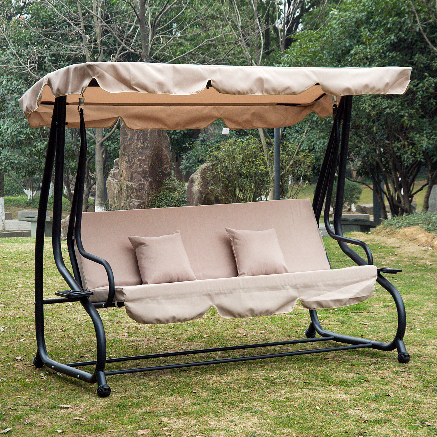 3 Seat Outdoor Free Standing Covered Swing Bench - Beige