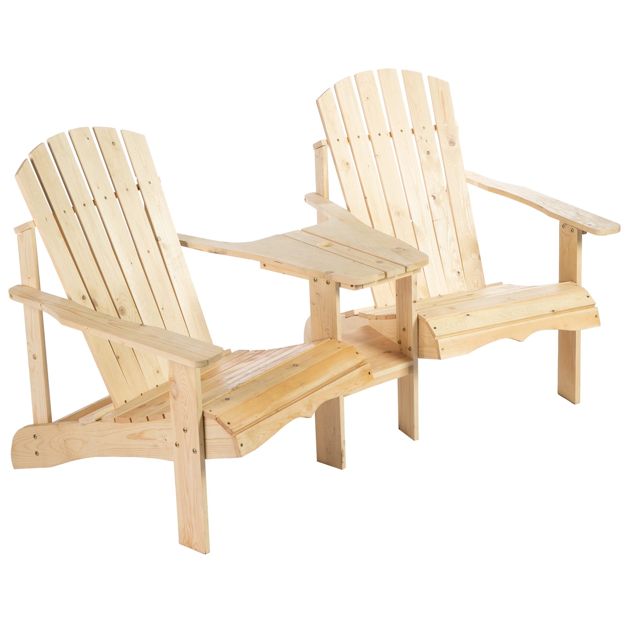 Outsunny Outdoor Wood Adirondack Chair with Coner Table Patio Reclined Tete-A-Tete Bench