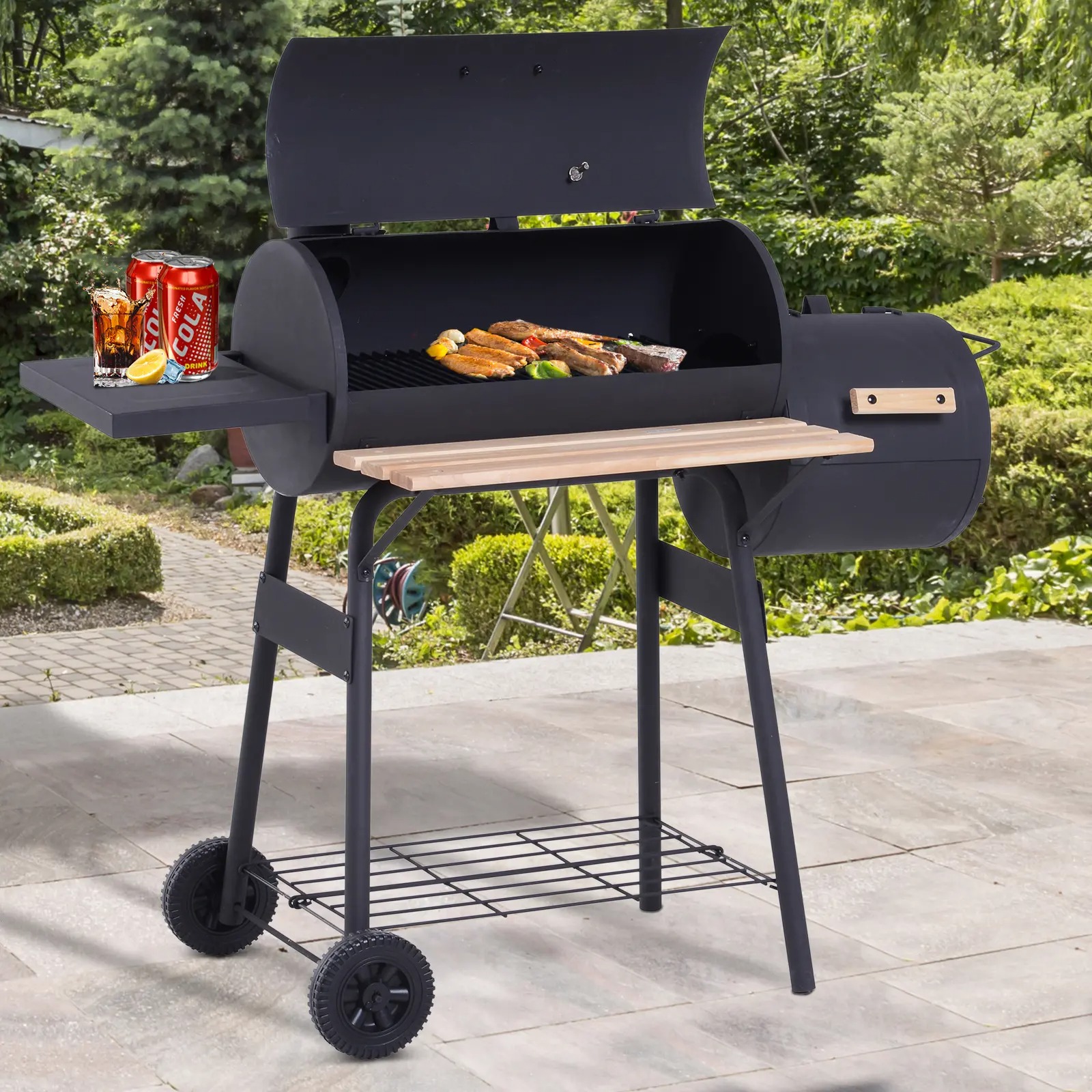 37.5" Steel Square Portable Outdoor Backyard Charcoal Barbecue Grill with Lower Shelf and Tray