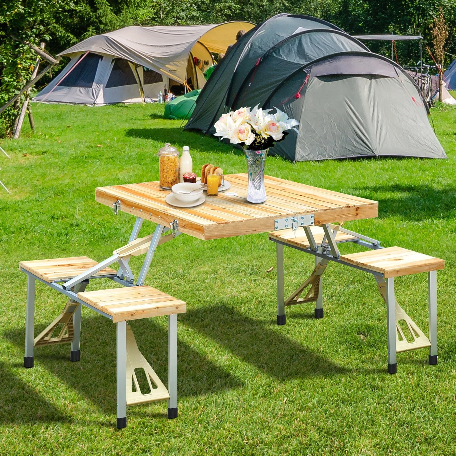4 Person Wooden Portable Folding Picnic Table Set with Umbrella Hole