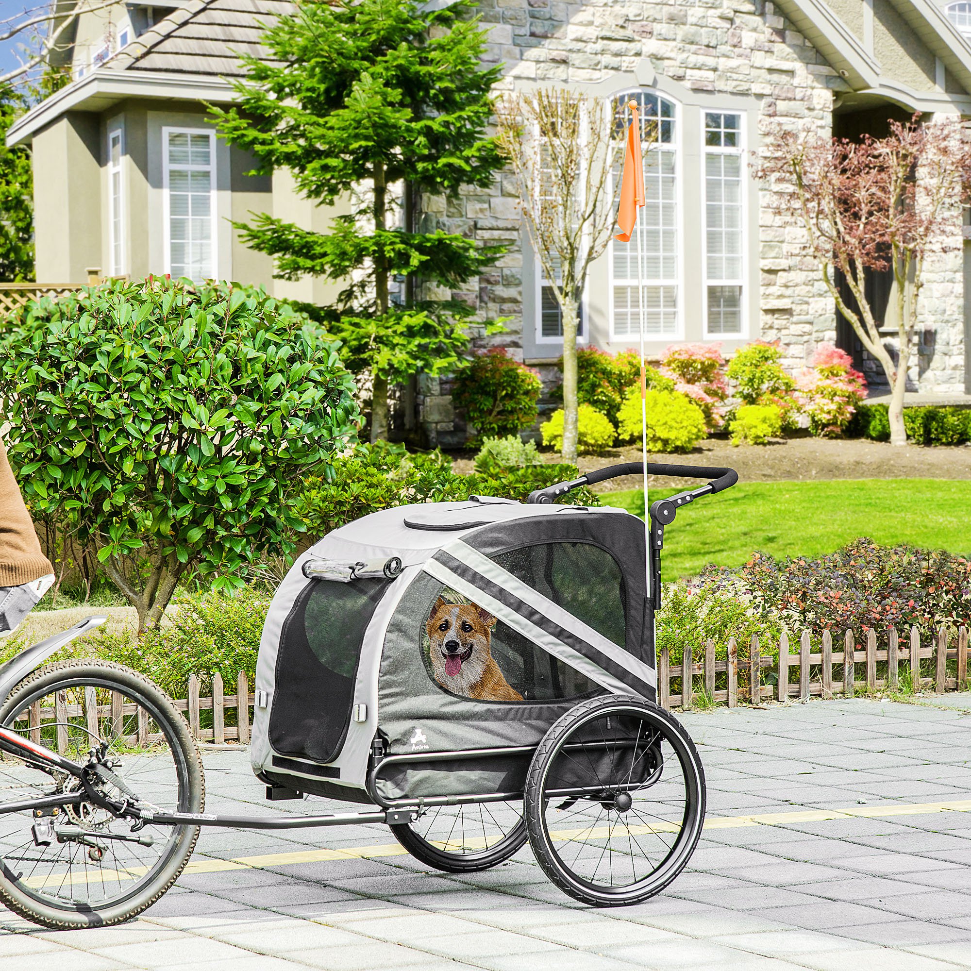 Aosom 2-In-1 Dog Bike Trailer Pet Stroller with Universal Wheel Reflector Flag, Grey