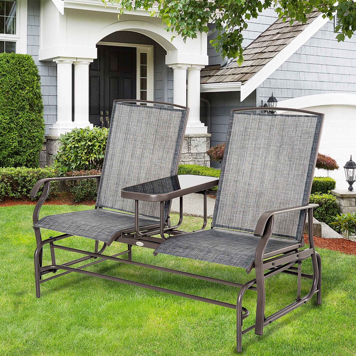Double Glider Chair Mesh Fabric with Center Table Patio