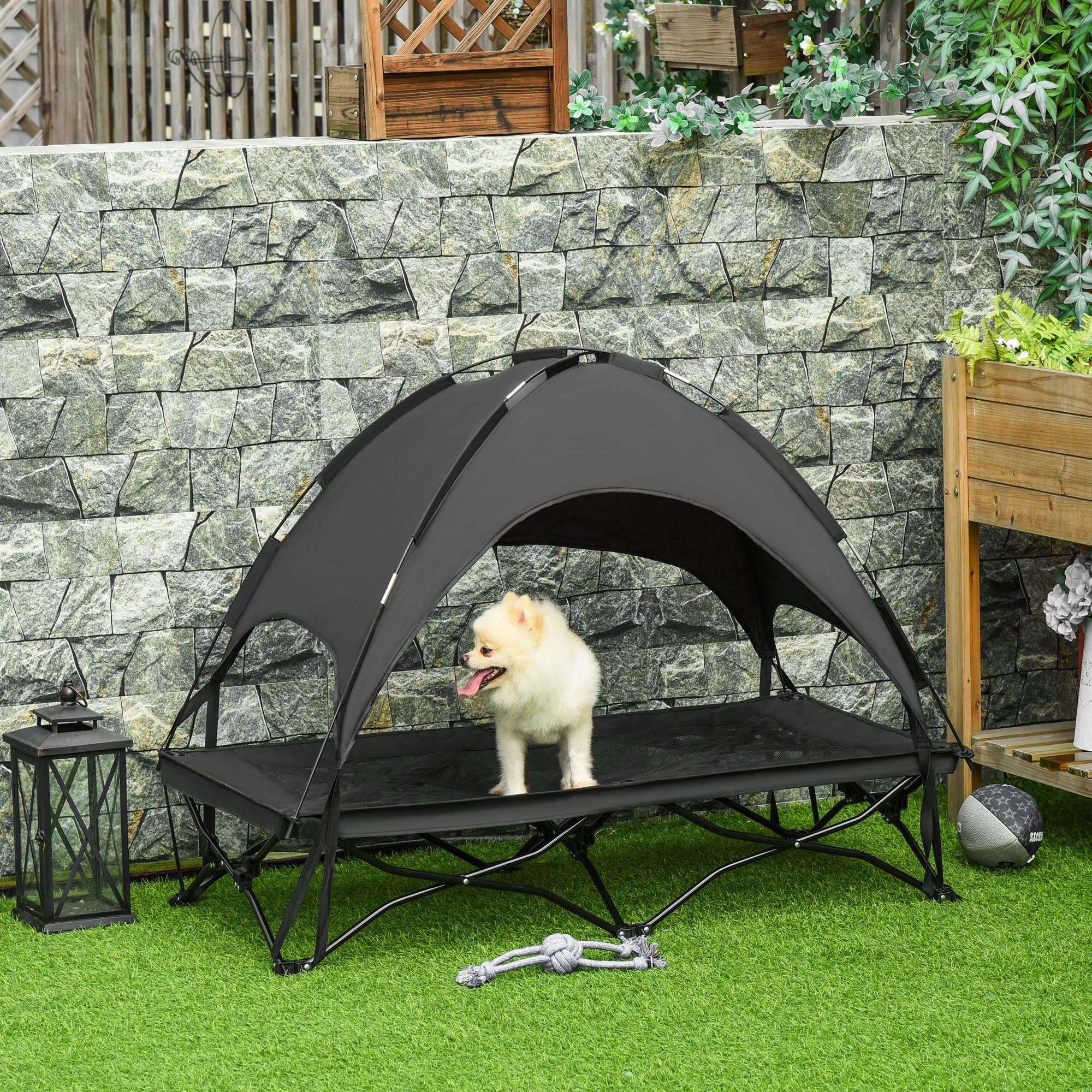PawHut 46" Elevated Ventilated Cooling Pet Dog Bed w/ Canopy Shade Cover, Travel Bag, Black