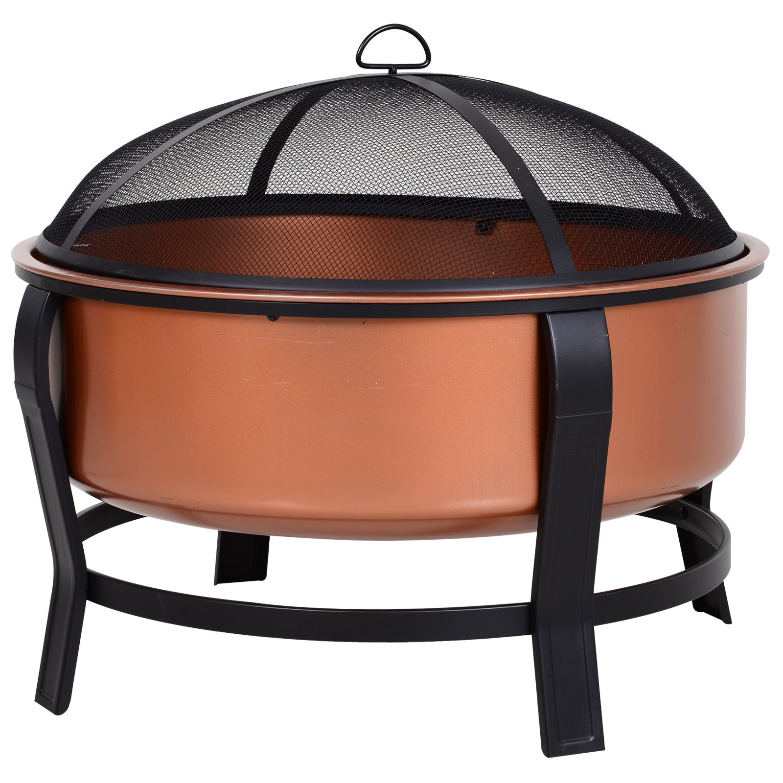 Copper-Colored Round Basin Wood Fire Pit Bowl with Organic Black Base, a Wood Poker & Mesh Screen for Embers
