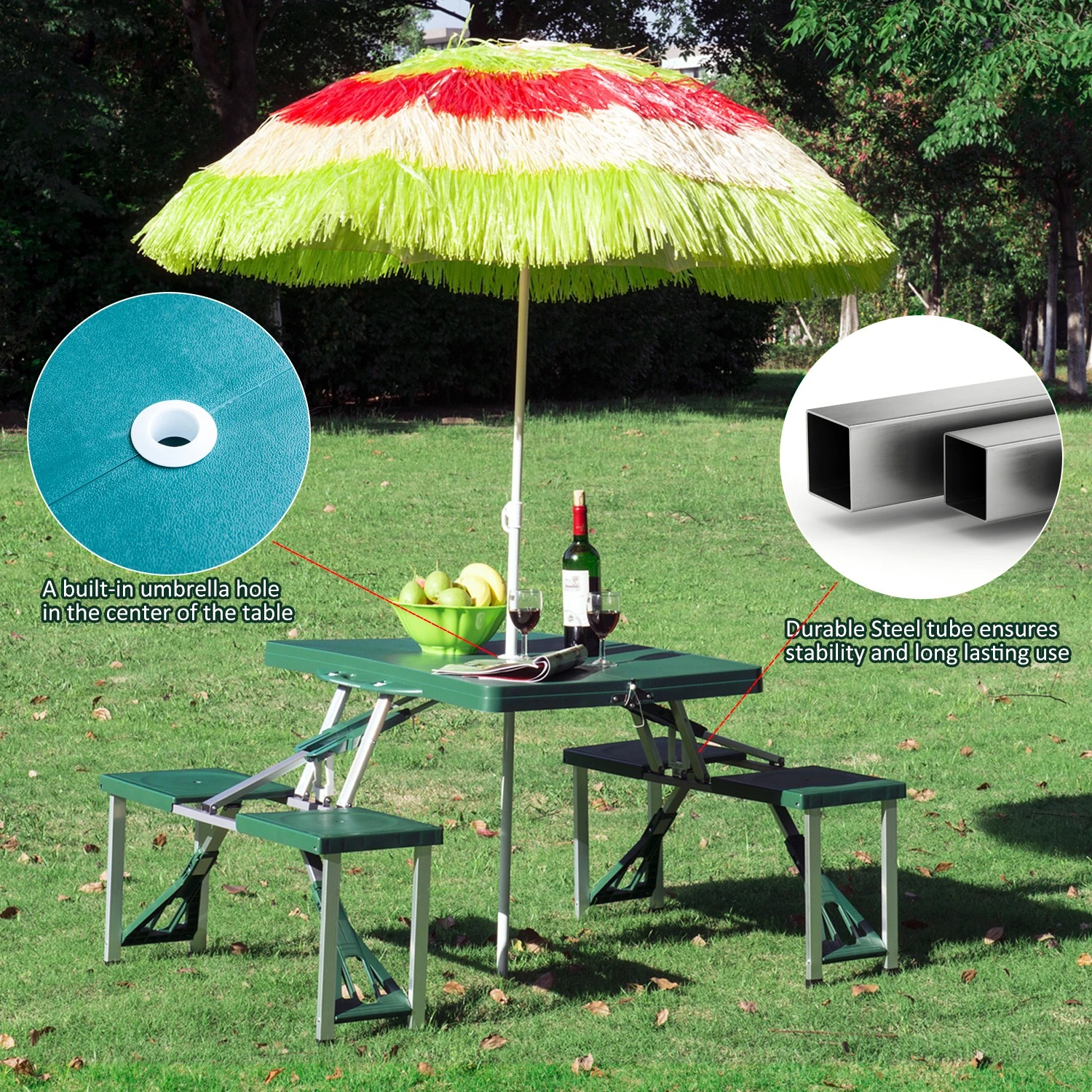 4 Person Plastic Portable Compact Folding Suitcase Picnic Table Set with Umbrella Hole - Green