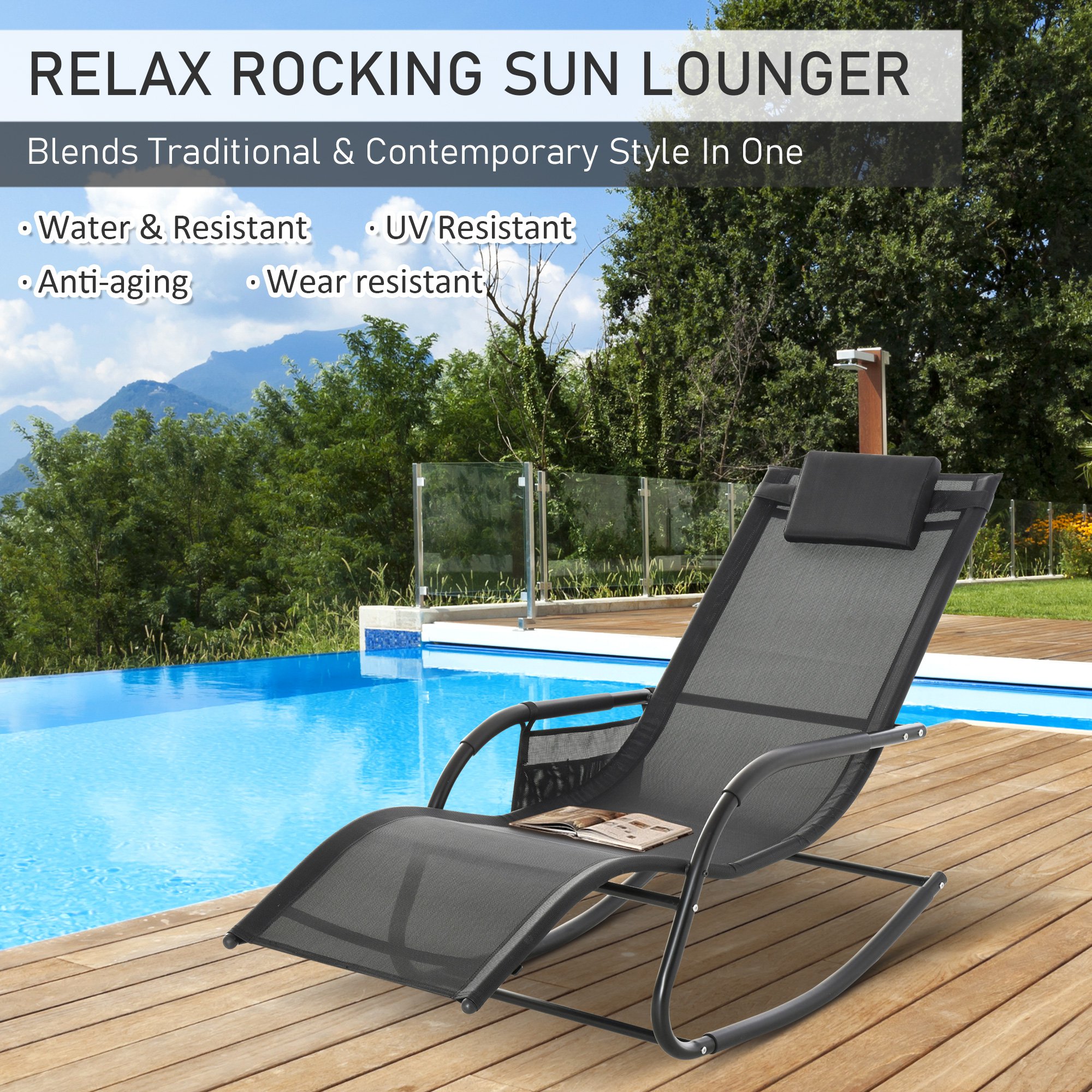 Outsunny Outdoor Rocking Recliner, Sling Sun Lounger with Removable Headrest, Black